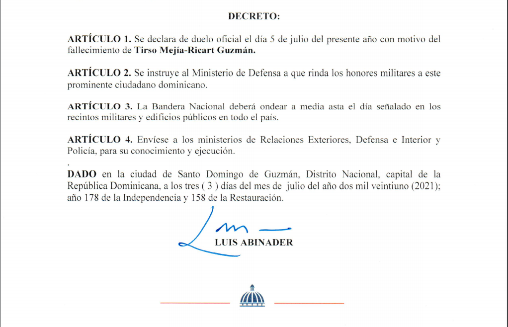 Abinader declara el lunes día de duelo oficial por muerte de Tirso