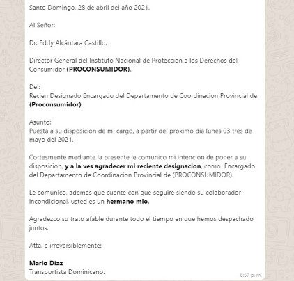 Mensaje difundido sobre el contenido de la carta de renuncia de Mario Díaz. 
