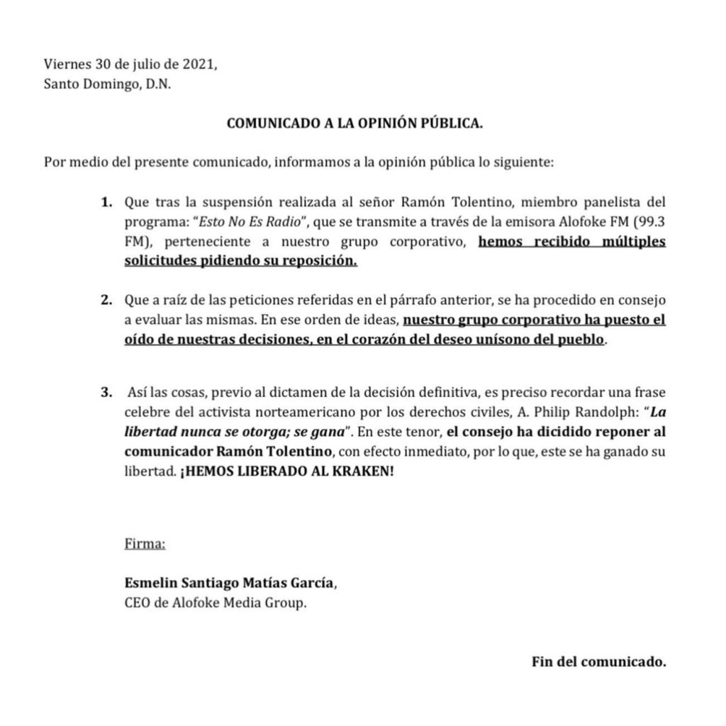 Comunicado de Alofoke