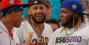 Desde la izquierda los portentos Juan Soto, Fernando Tatis Jr. y Vladimir Guerrero Jr. Foto de archivo.