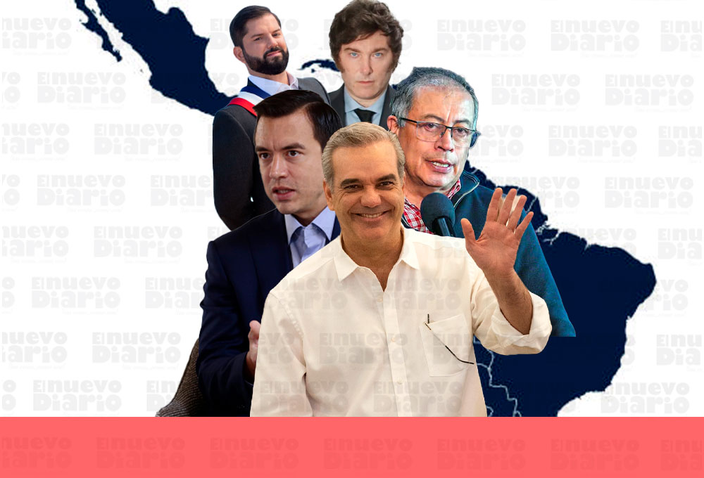 Combo de fotografías de archivo donde aparecen desde la izquierda el presidente de Argentina, Javier Milei; el presidente de Ecuador, Daniel Noboa; el presidente de República Dominicana, Luis Abinader; el presidente de Chile, Gabriel Boric, y el presidente de Colombia, Gustavo Petro.