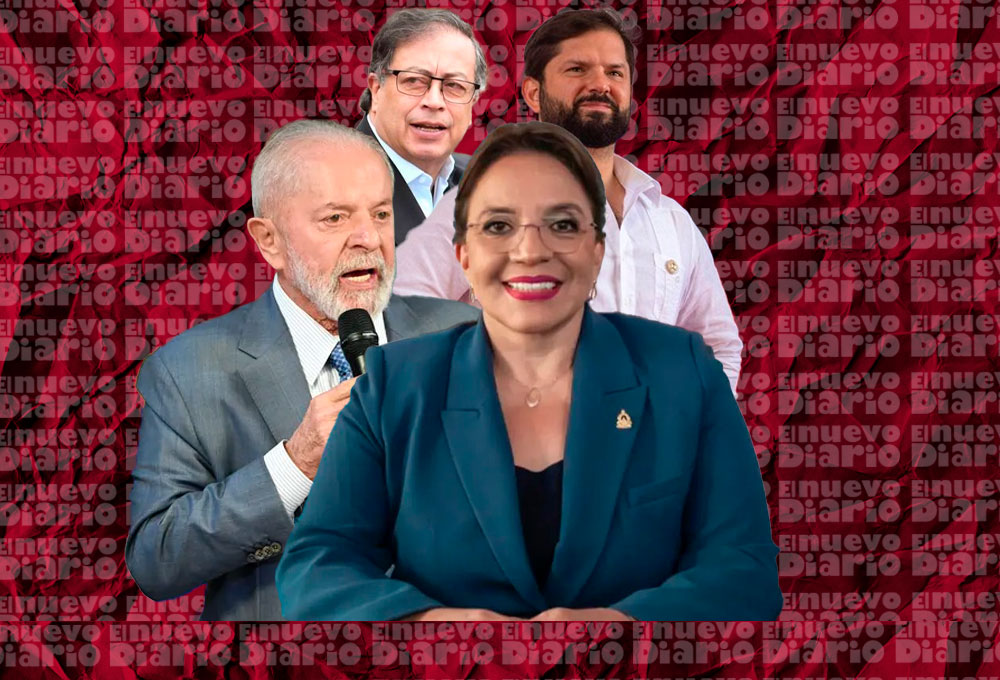 El presidente de Brasil, Luiz Inácio Lula da Silva (arriba-i); el presidente de Chile, Gabriel Boric; la presidenta de Honduras, Xiomara Castro y el presidente de Colombia, Gustavo Petro. (Ilustración: Camila Decena)