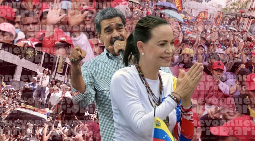 Nicolás Maduro y María Corina Machado, representante de los Chavistas y la oposición, respectivamente. (Arte: Camila Decana)