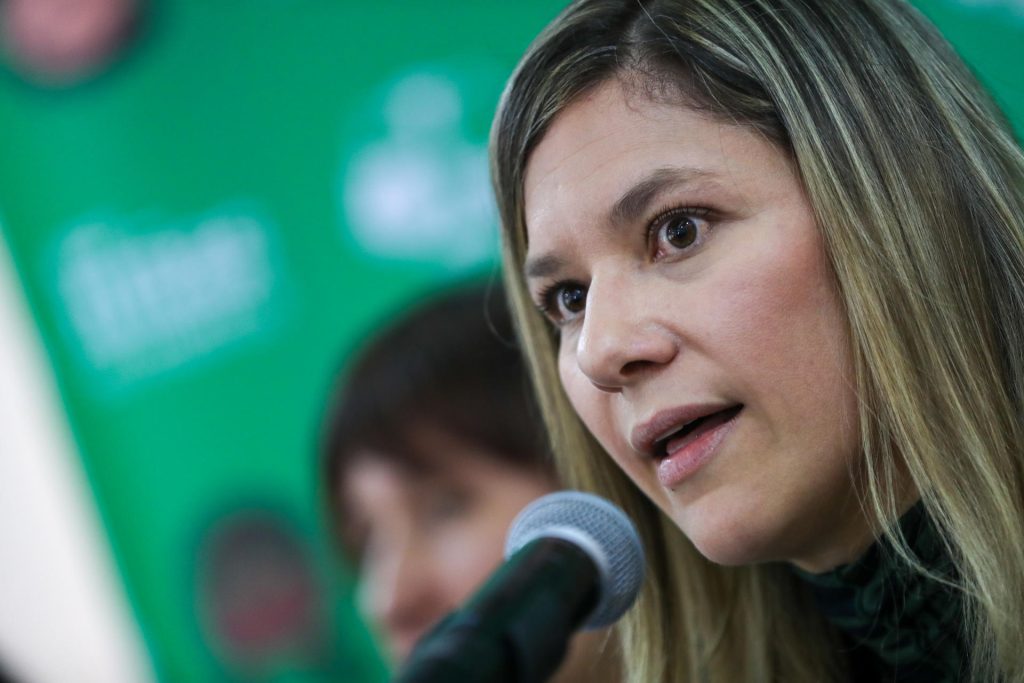 La vicepresidenta para América Latina y el Caribe del Centro de Derechos Reproductivos, Catalina Martínez Coral, habla durante una rueda de prensa este miércoles, en Quito (Ecuador)