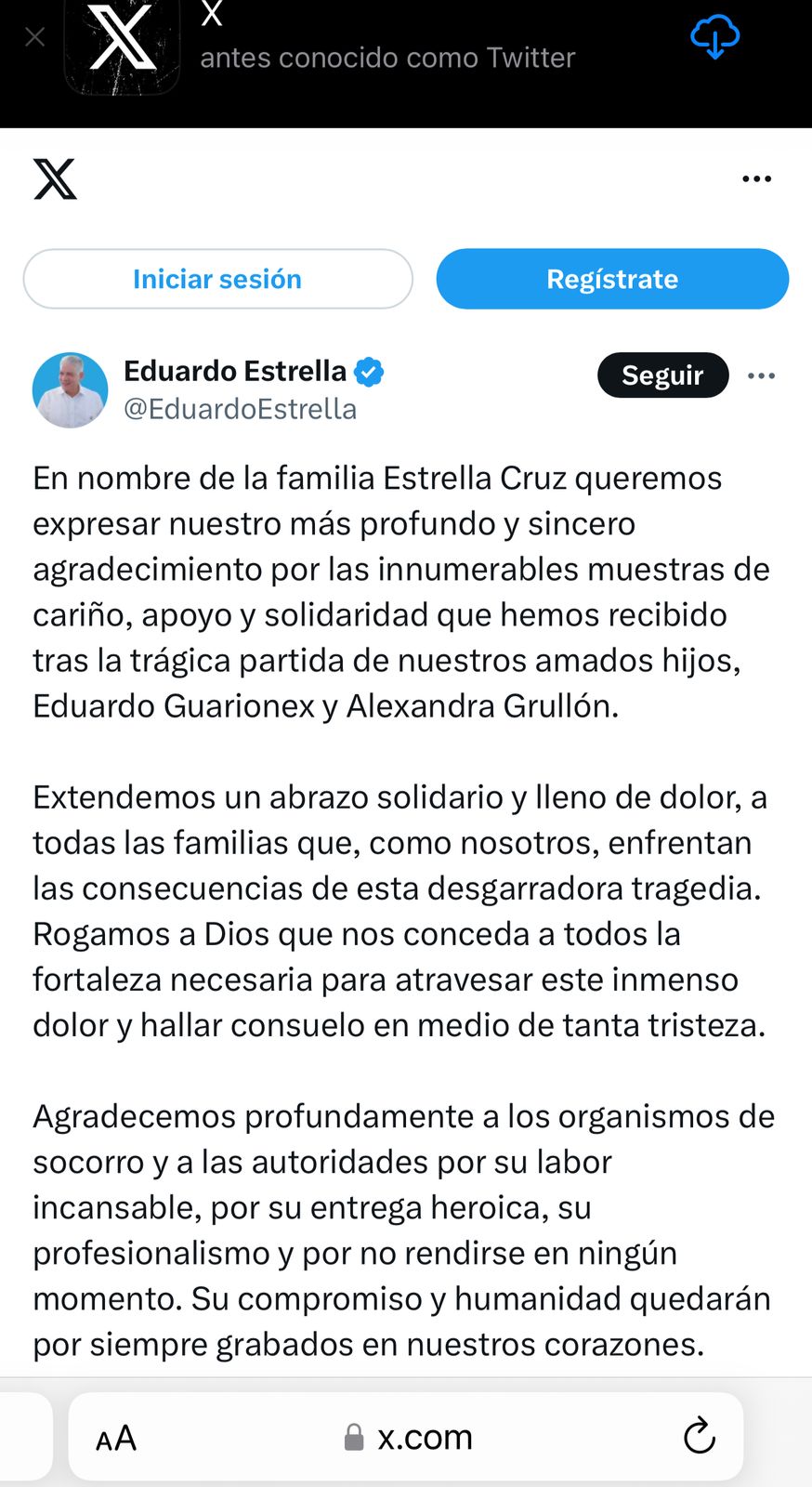 El mensaje de agradecimiento fue emitido a través de su cuenta de X (Foto: fuente externa)