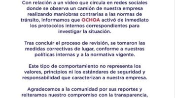 Ochoa dice tomó acciones tras revisar video de uno de sus conductores infringiendo normas de tránsito