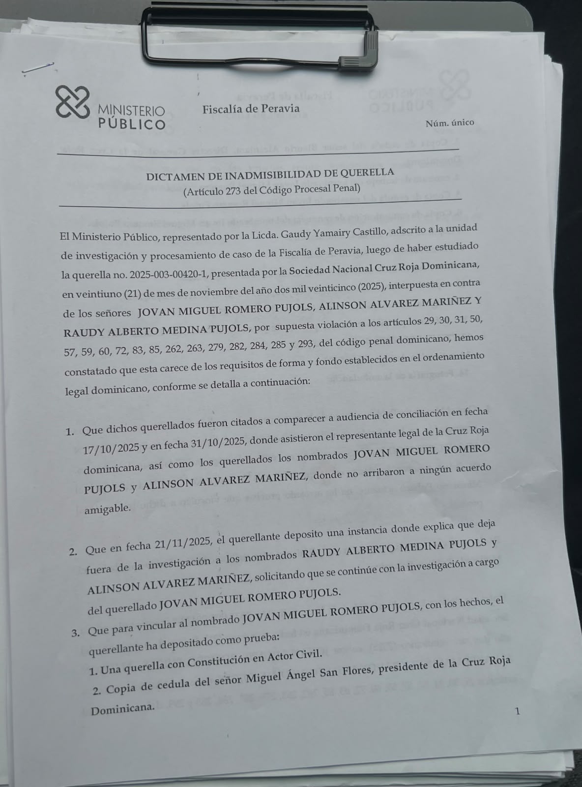 Dictamen de inadmisibilidad de querella contra Jovan Romero (Foto: Jovan Romero)