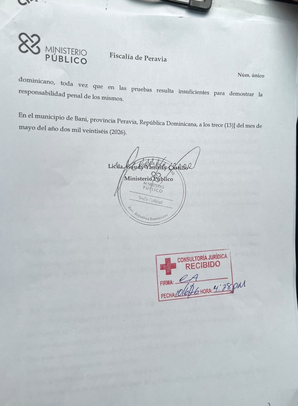 Dictamen de inadmisibilidad de querella contra Jovan Romero (Foto: Jovan Romero)