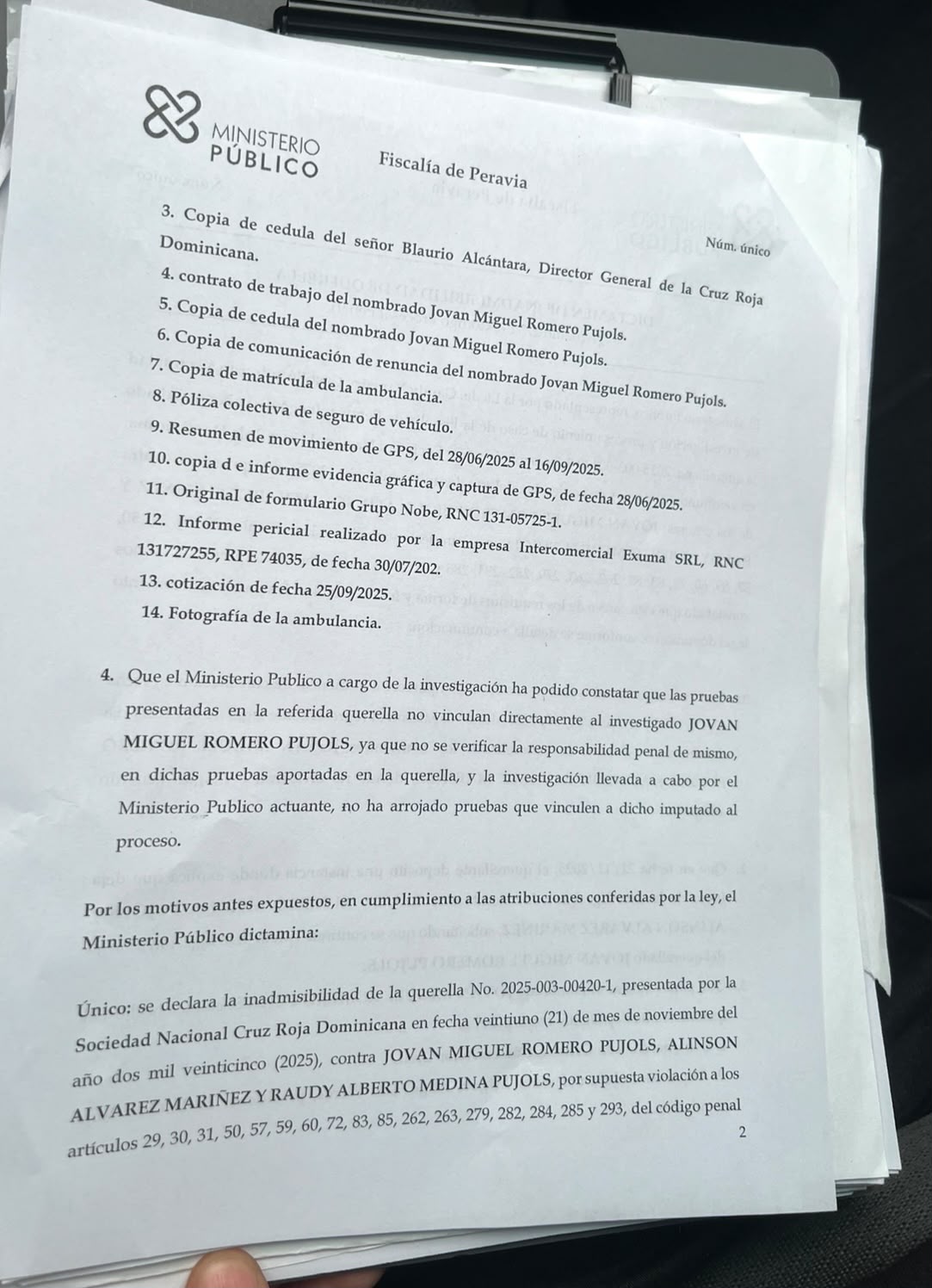 Dictamen de inadmisibilidad de querella contra Jovan Romero (Foto: Jovan Romero)