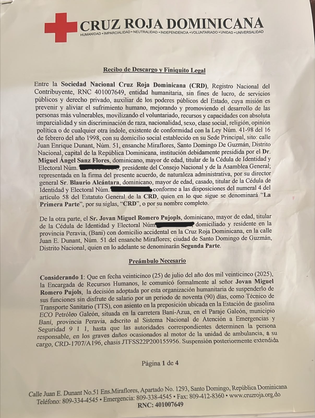 Recibo de descargo y finiquito lega de la Cruz Roja Dominicana (Foto: Jovan Romero)
