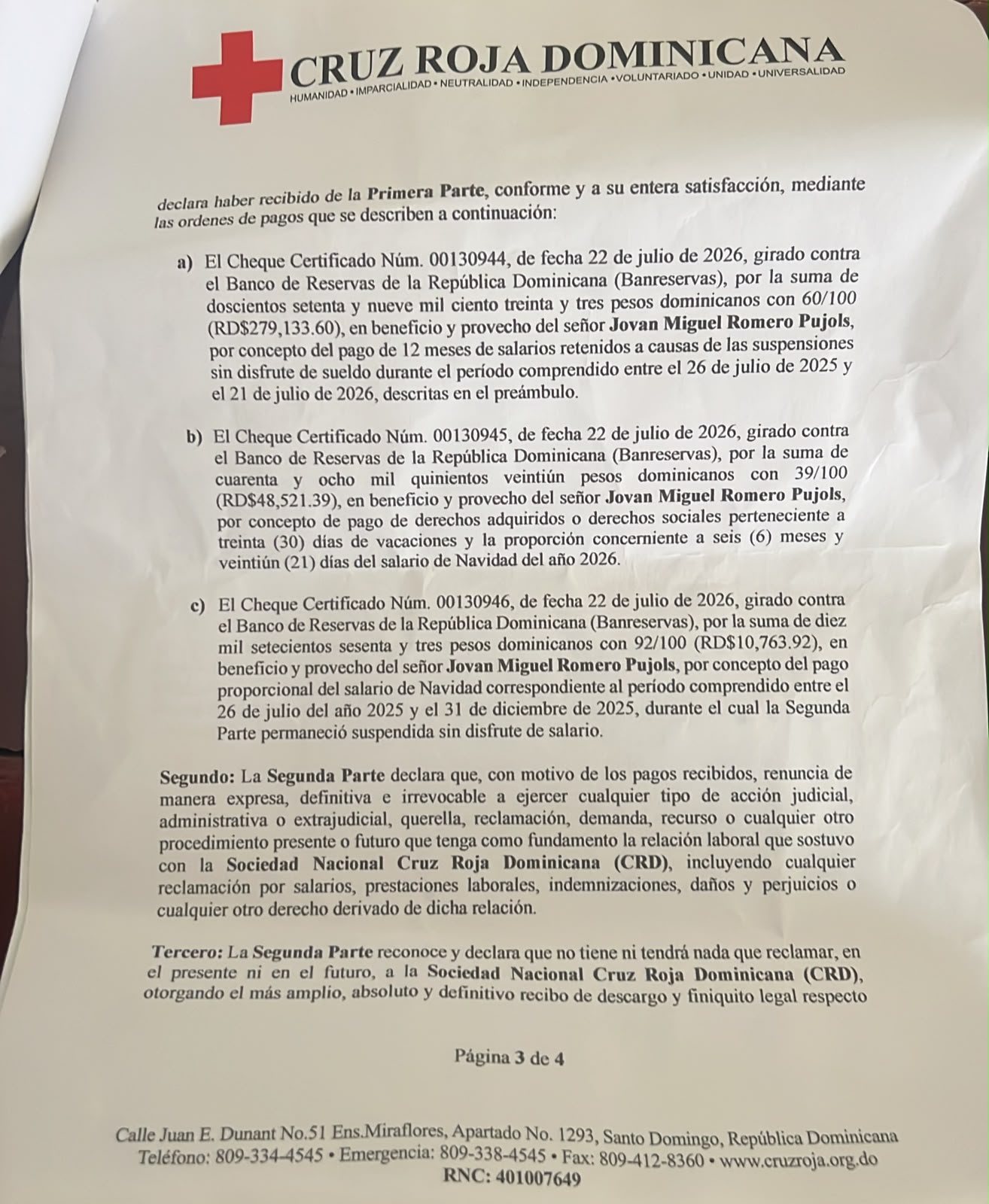 Recibo de descargo y finiquito lega de la Cruz Roja Dominicana (Foto Jovan Romero) (3)