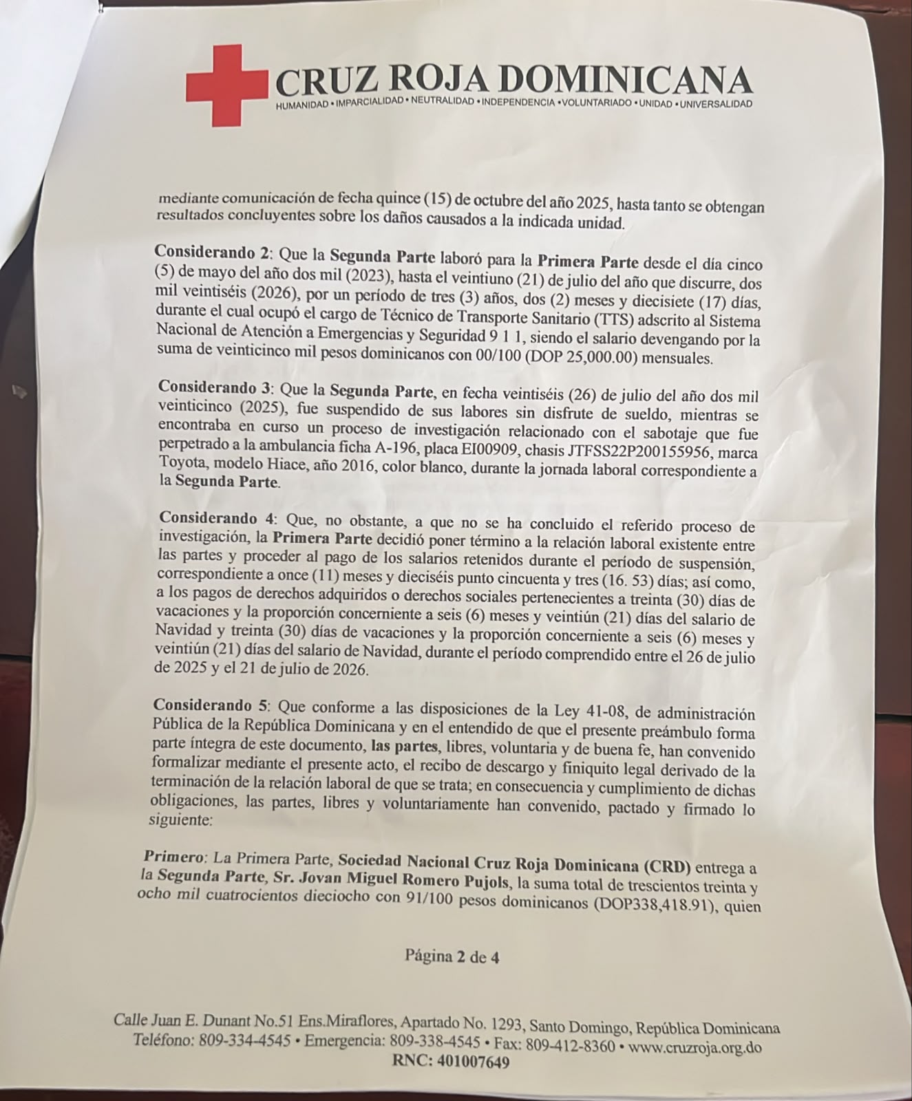 Recibo de descargo y finiquito lega de la Cruz Roja Dominicana (Foto Jovan Romero) (4)
